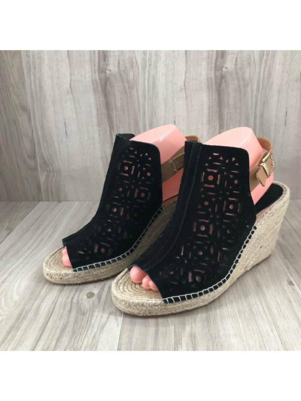 Seychelles Wedge Sandals Womens 8.5 Black Suede Buckle Stap Espadrille Shoes